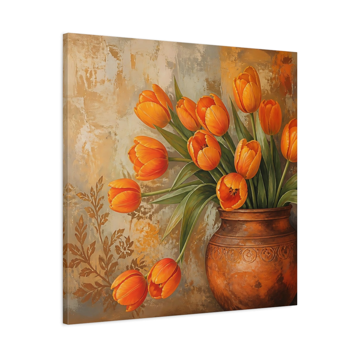 Side Mockup 3. Floral Tulips Orange Tulips shown as stretched canvas wall art