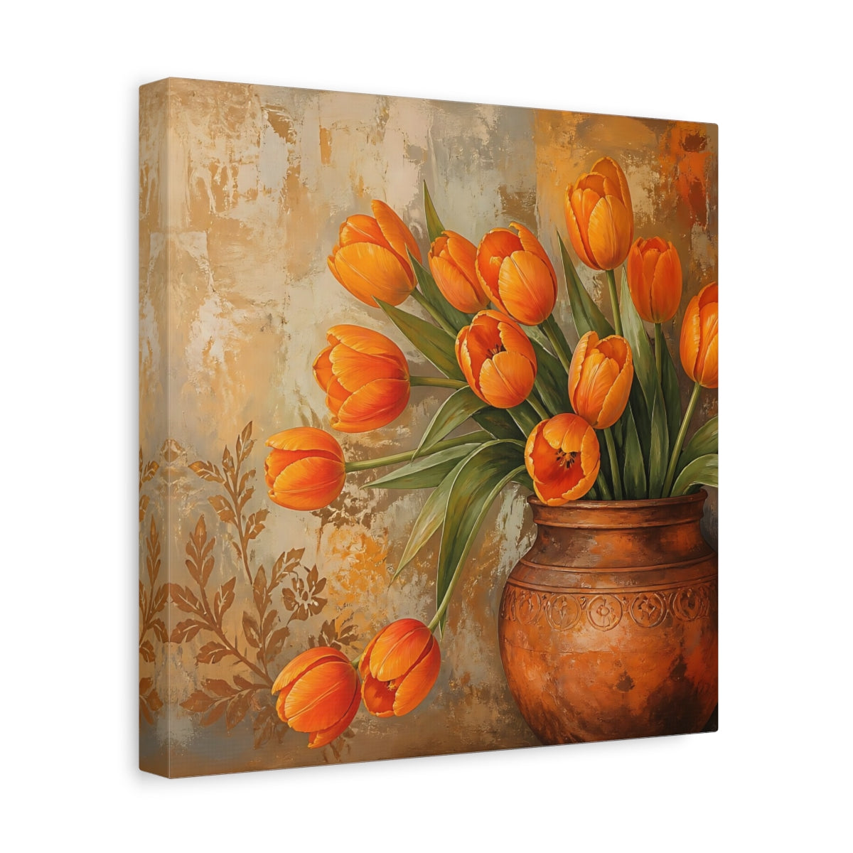 Side Mockup 8. Floral Tulips Orange Tulips shown as stretched canvas wall art
