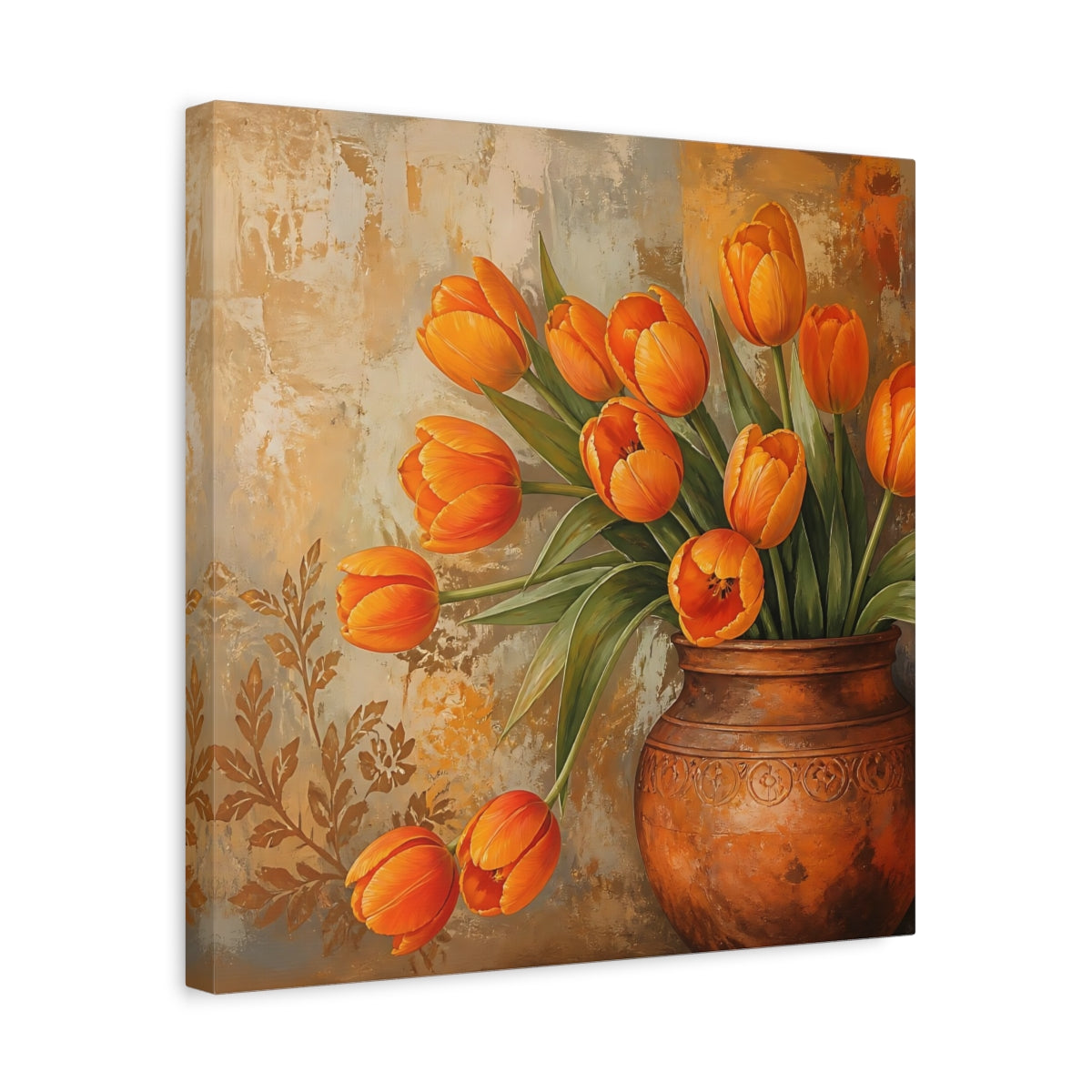 Side Mockup 6. Floral Tulips Orange Tulips shown as stretched canvas wall art