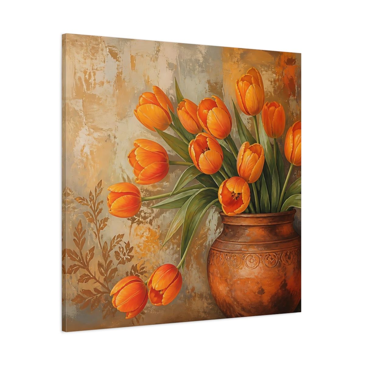 Side Mockup 1. Floral Tulips Orange Tulips shown as stretched canvas wall art