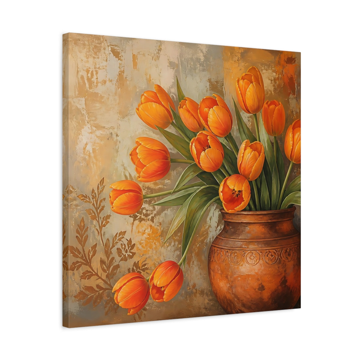 Side Mockup 4. Floral Tulips Orange Tulips shown as stretched canvas wall art
