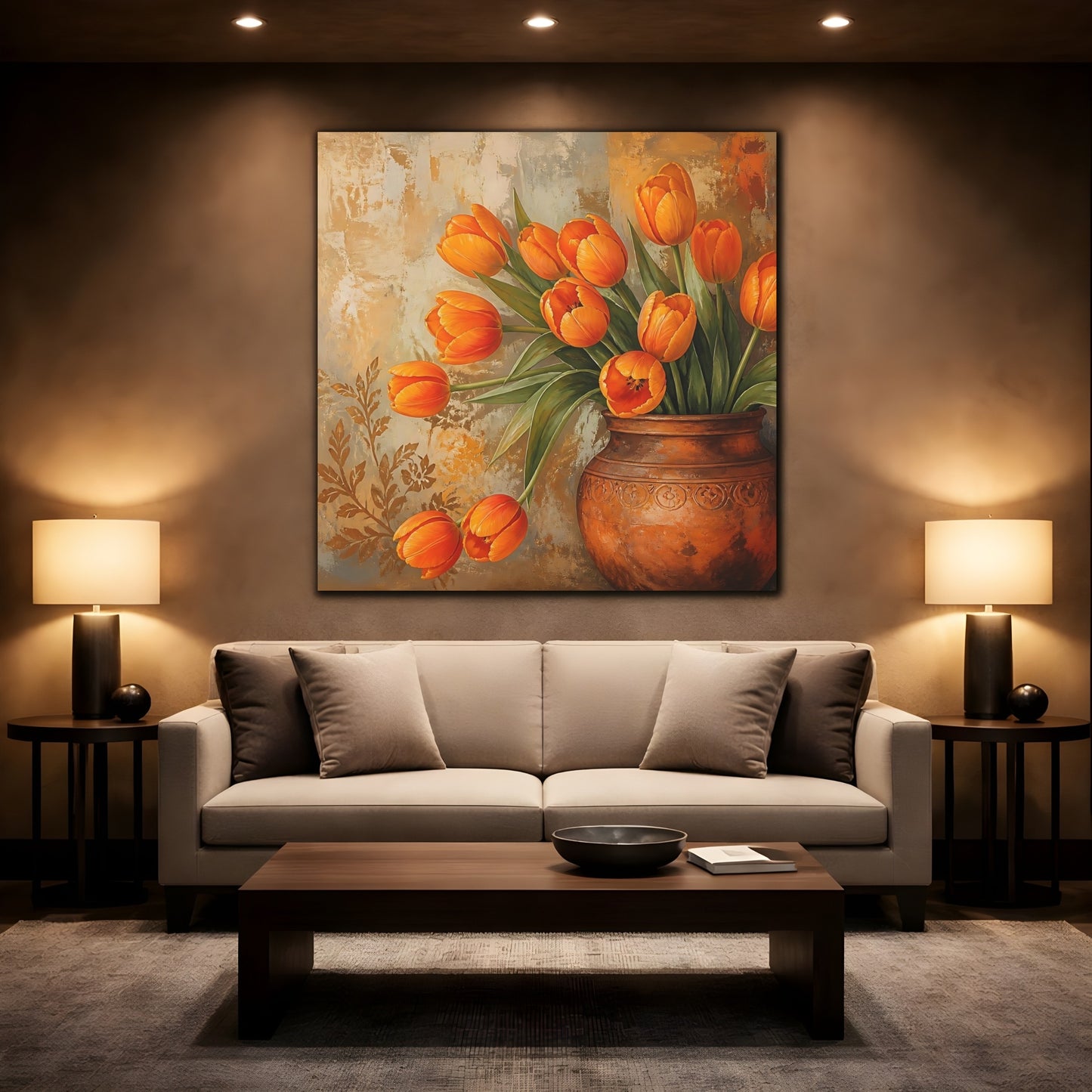 Mockup 2. Floral Tulips Orange Tulips shown as stretched canvas wall art