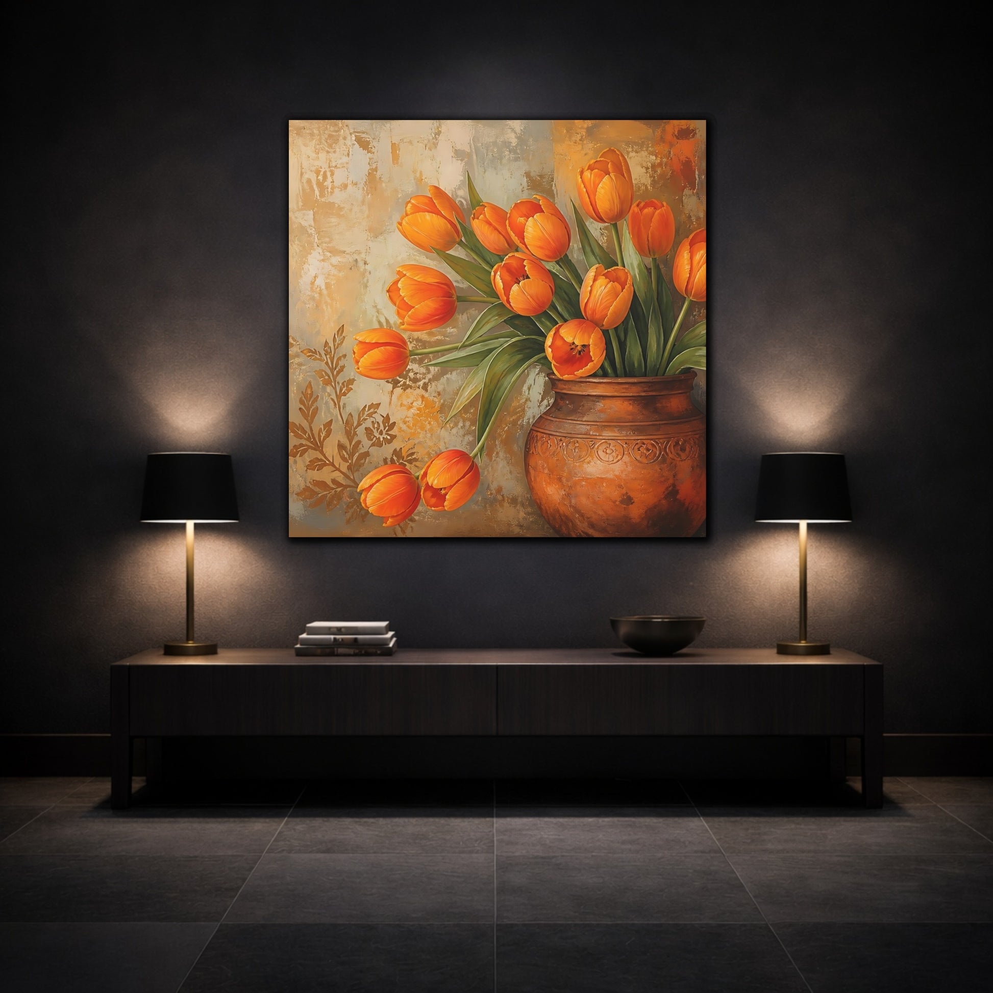 Mockup 3. Floral Tulips Orange Tulips shown as stretched canvas wall art