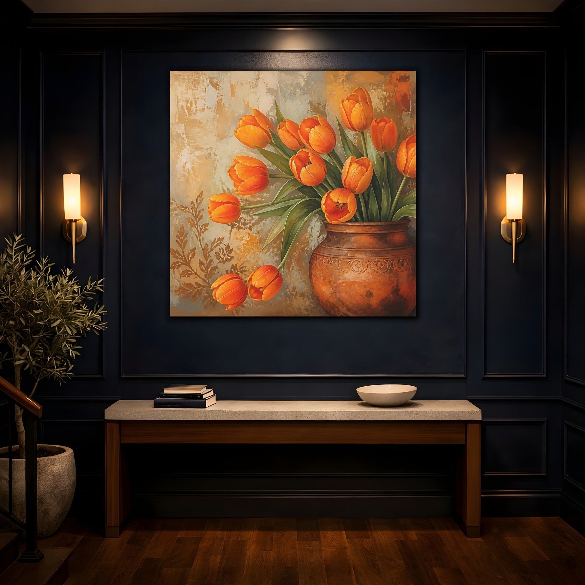 Mockup 4. Floral Tulips Orange Tulips shown as stretched canvas wall art