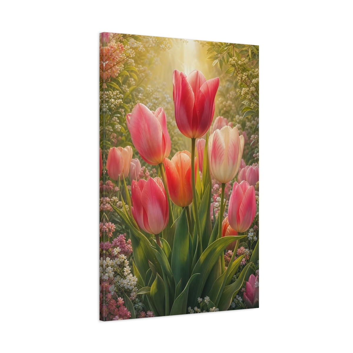 Main Mockup. Floral Tulips Pink And Green shown as stretched canvas wall art