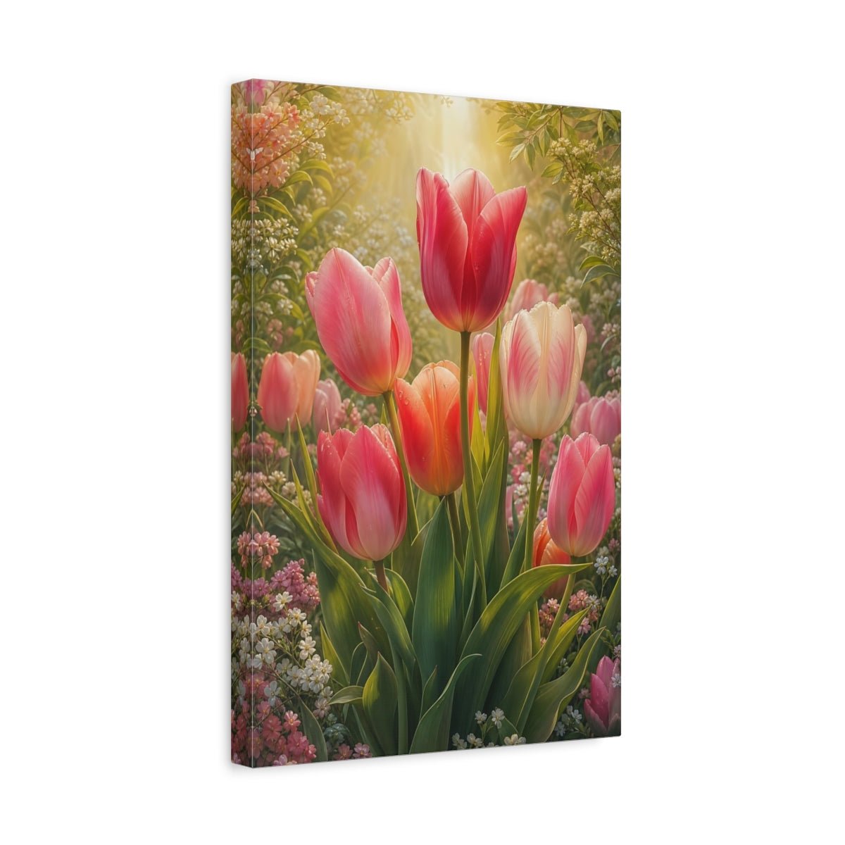 Floral Tulips Pink And Green Canvas Print – Living Room, Large Wall - YesArtYes