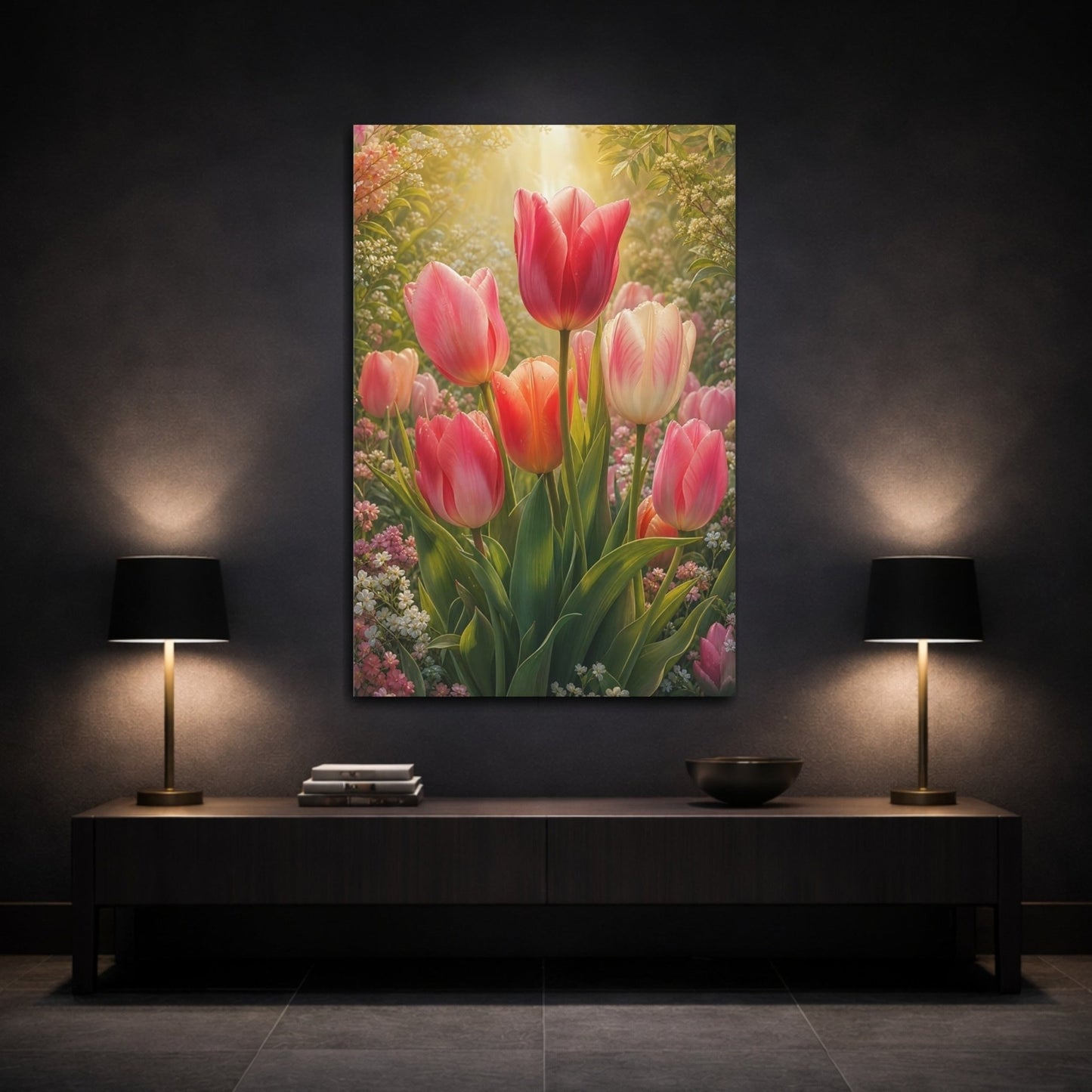 Floral Tulips Pink And Green Canvas Print – Living Room, Large Wall - YesArtYes