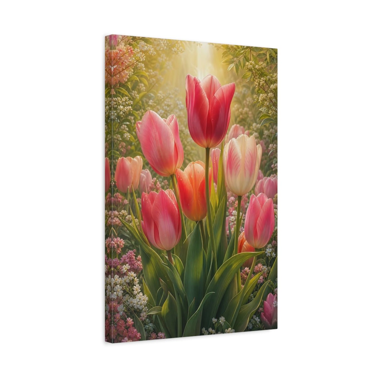 Floral Tulips Pink And Green Canvas Print – Living Room, Large Wall - YesArtYes