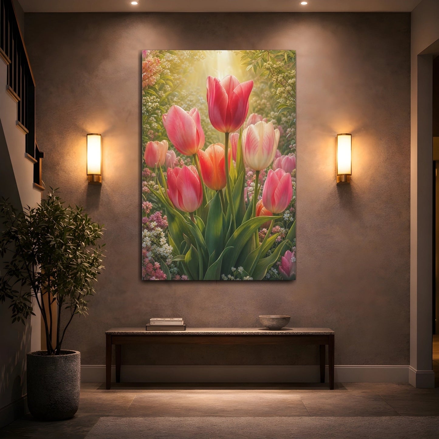 Floral Tulips Pink And Green Canvas Print – Living Room, Large Wall - YesArtYes
