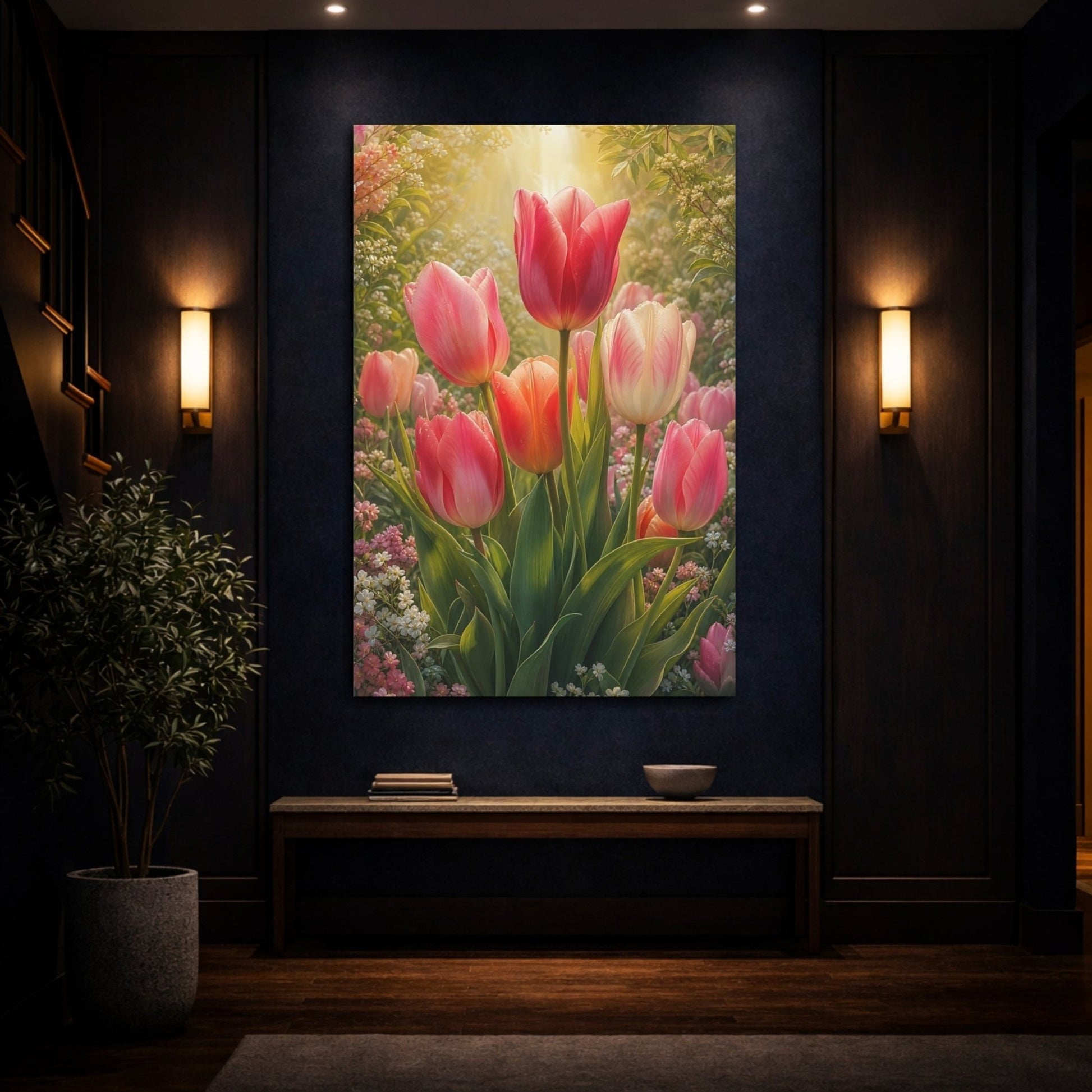 Floral Tulips Pink And Green Canvas Print – Living Room, Large Wall - YesArtYes