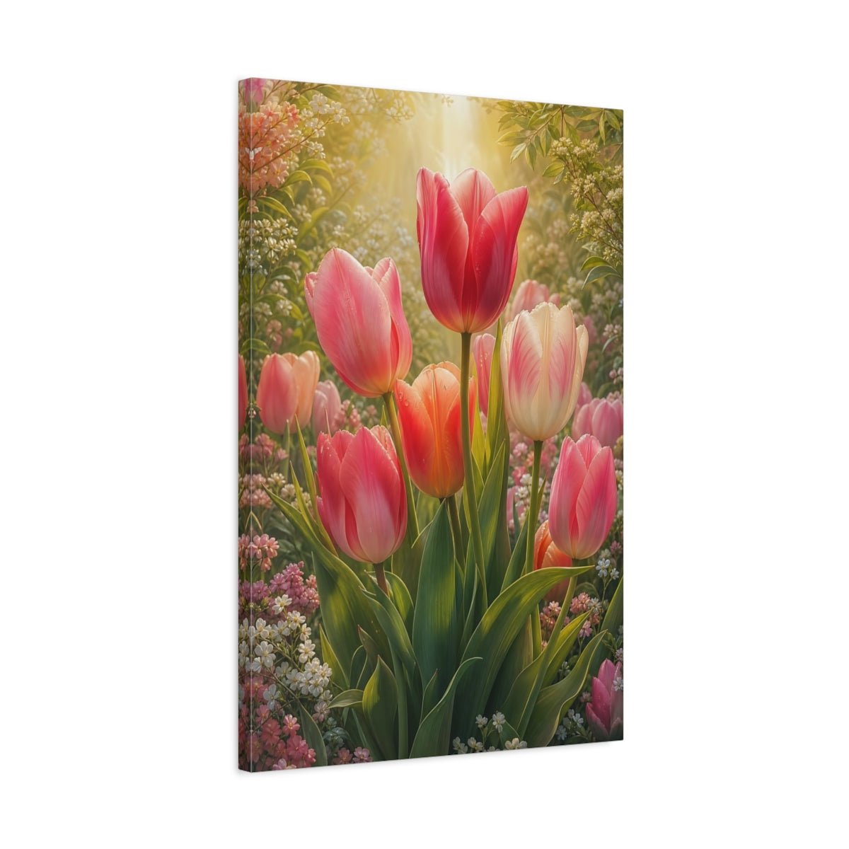 Floral Tulips Pink And Green Canvas Print – Living Room, Large Wall - YesArtYes