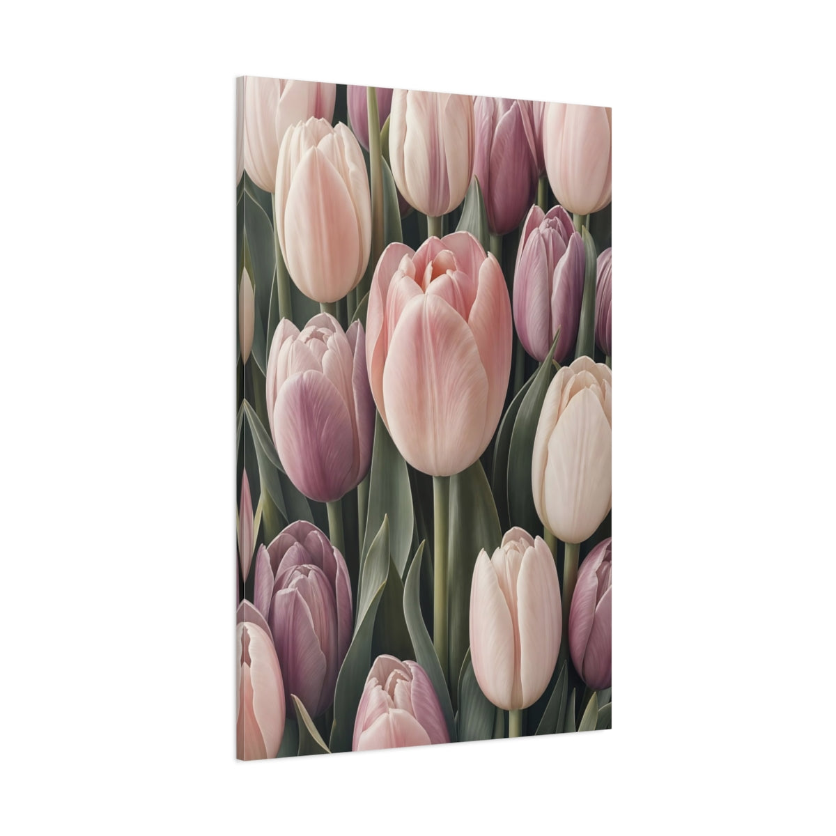 Side Mockup 1. Floral Tulips Pink And Purple shown as stretched canvas wall art