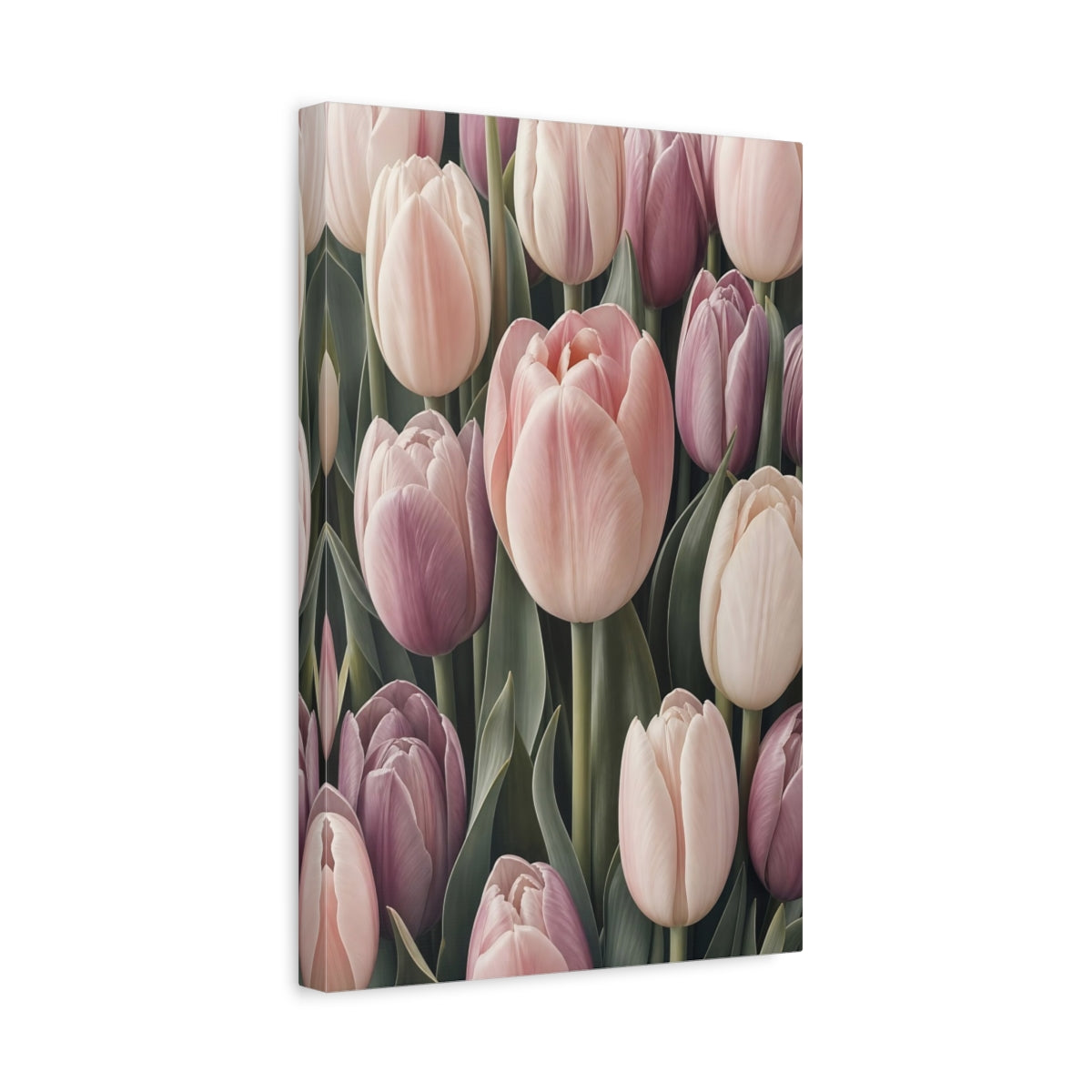 Side Mockup 4. Floral Tulips Pink And Purple shown as stretched canvas wall art