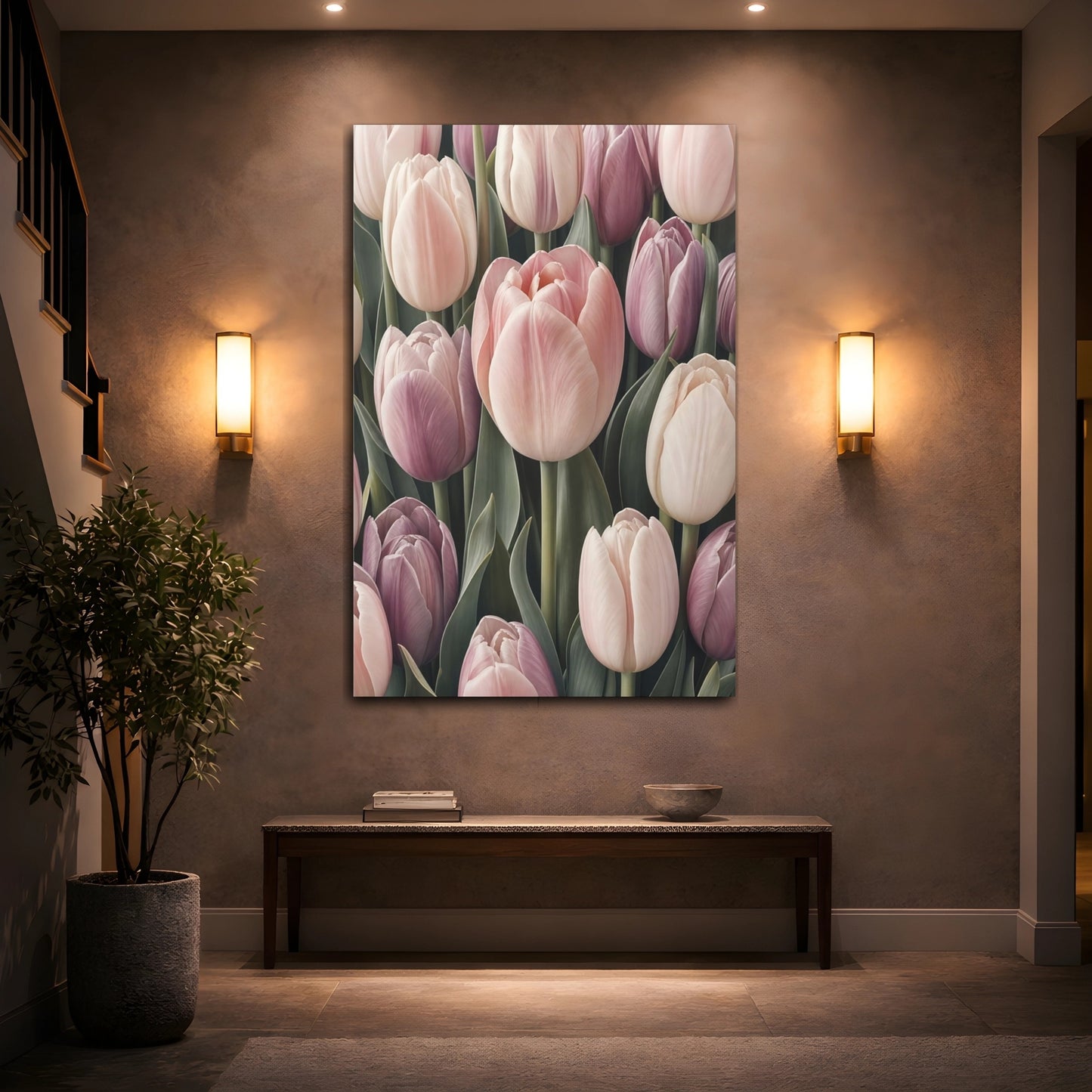 Mockup 2. Floral Tulips Pink And Purple shown as stretched canvas wall art