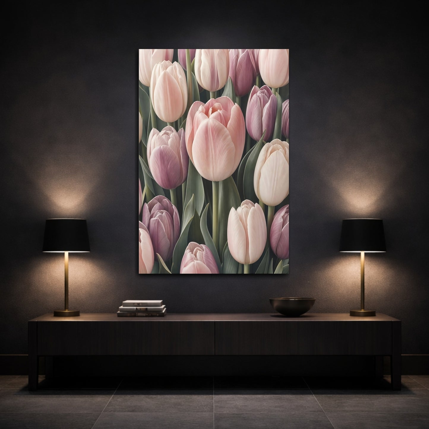 Mockup 3. Floral Tulips Pink And Purple shown as stretched canvas wall art