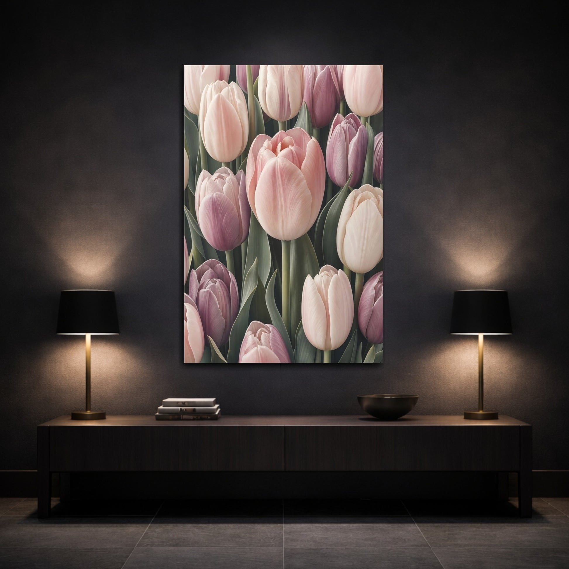 Mockup 3. Floral Tulips Pink And Purple shown as stretched canvas wall art