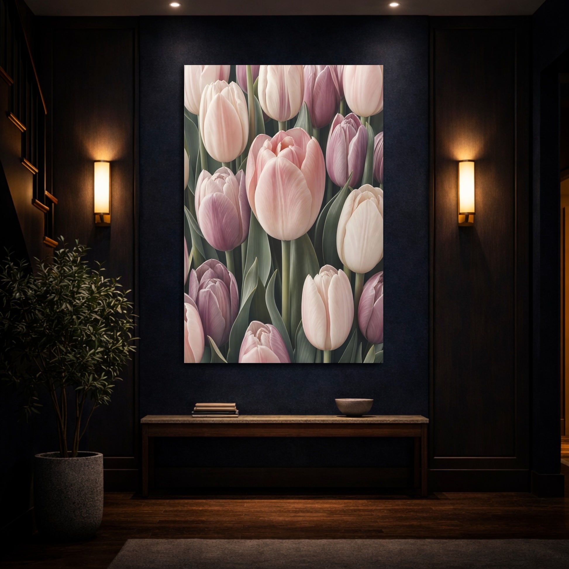 Mockup 4. Floral Tulips Pink And Purple shown as stretched canvas wall art