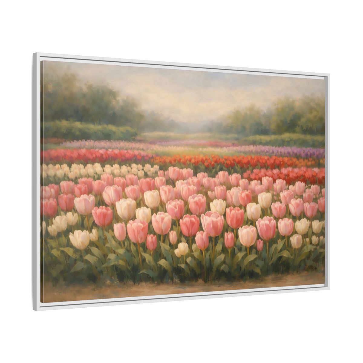 Side Mockup 7. Floral Tulips Pink Tulip Field shown as stretched canvas wall art