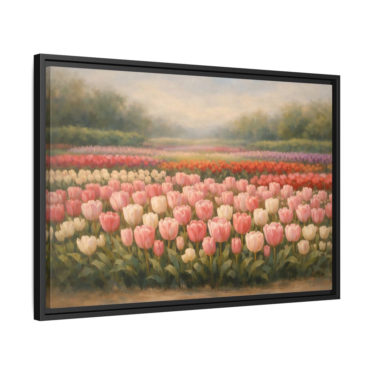 Side Mockup 14. Floral Tulips Pink Tulip Field shown as stretched canvas wall art