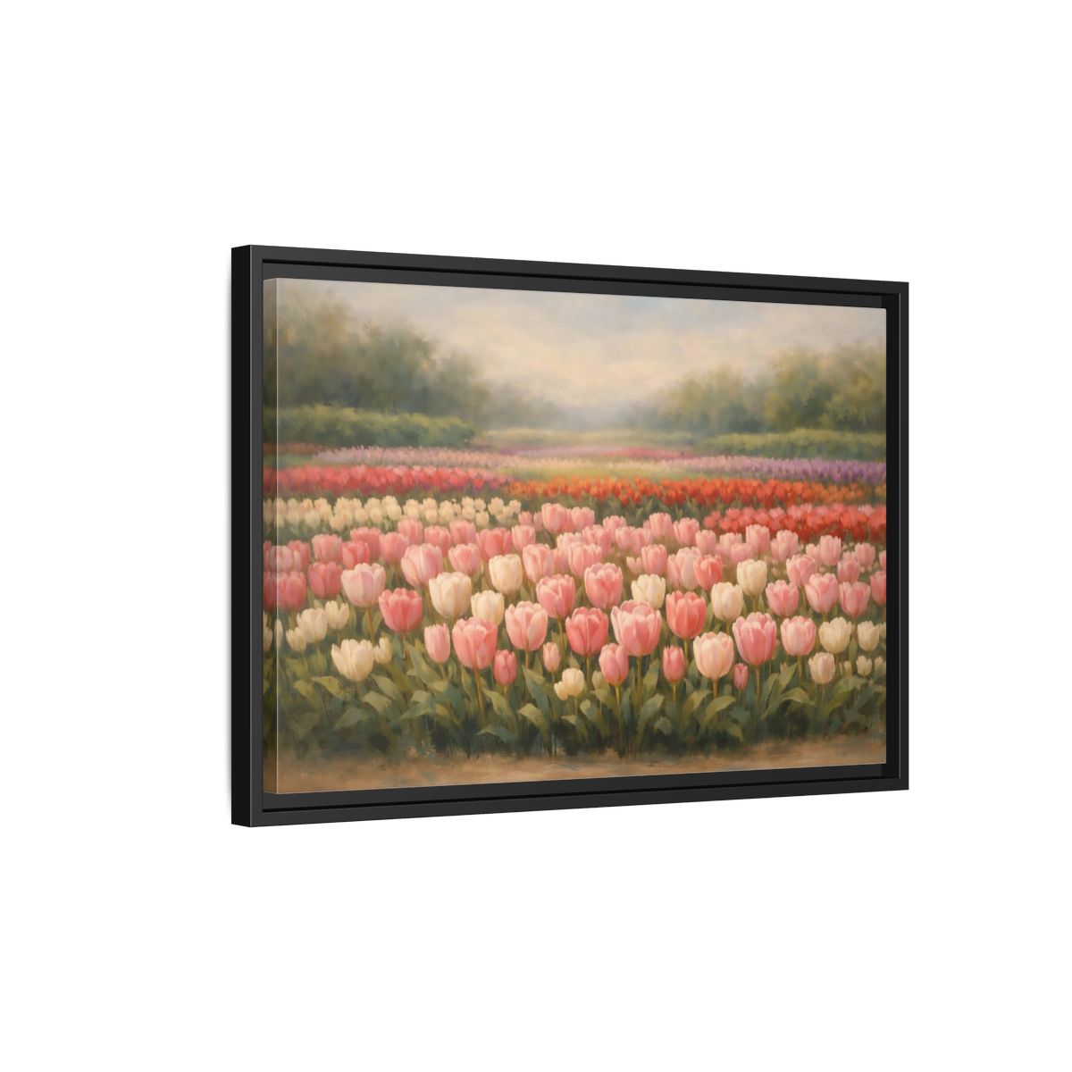 Side Mockup 3. Floral Tulips Pink Tulip Field shown as stretched canvas wall art