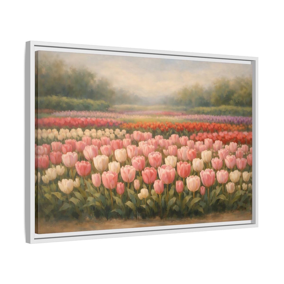 Side Mockup 10. Floral Tulips Pink Tulip Field shown as stretched canvas wall art