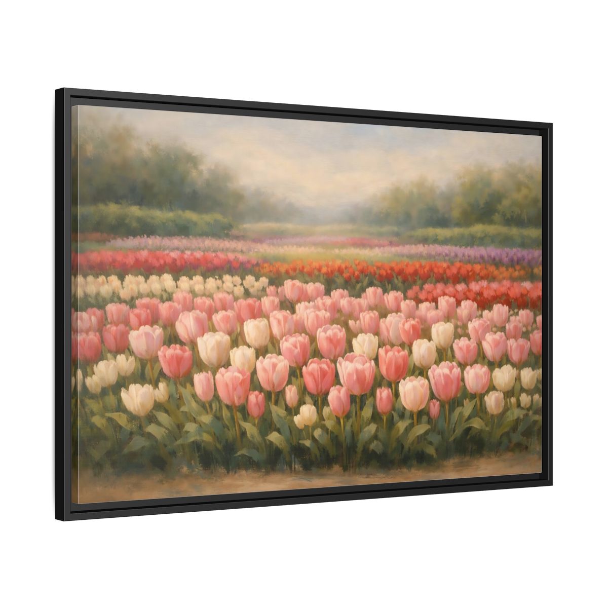 Side Mockup 13. Floral Tulips Pink Tulip Field shown as stretched canvas wall art