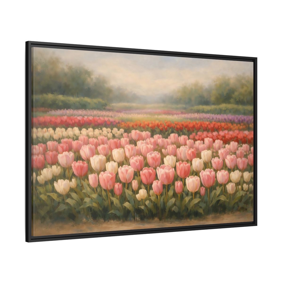 Side Mockup 12. Floral Tulips Pink Tulip Field shown as stretched canvas wall art