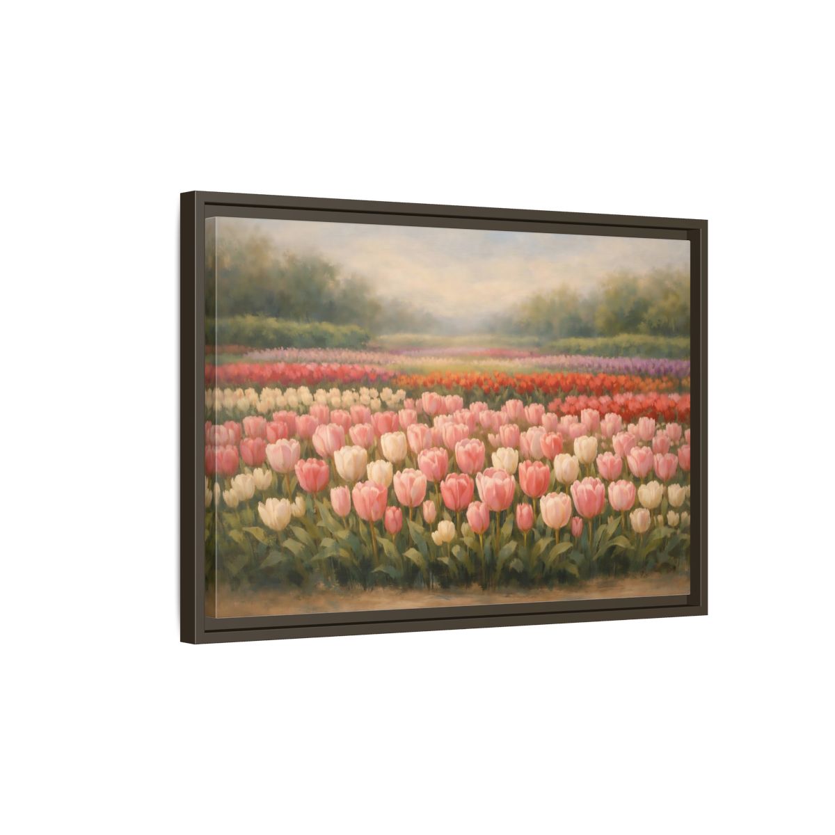 Side Mockup 2. Floral Tulips Pink Tulip Field shown as stretched canvas wall art