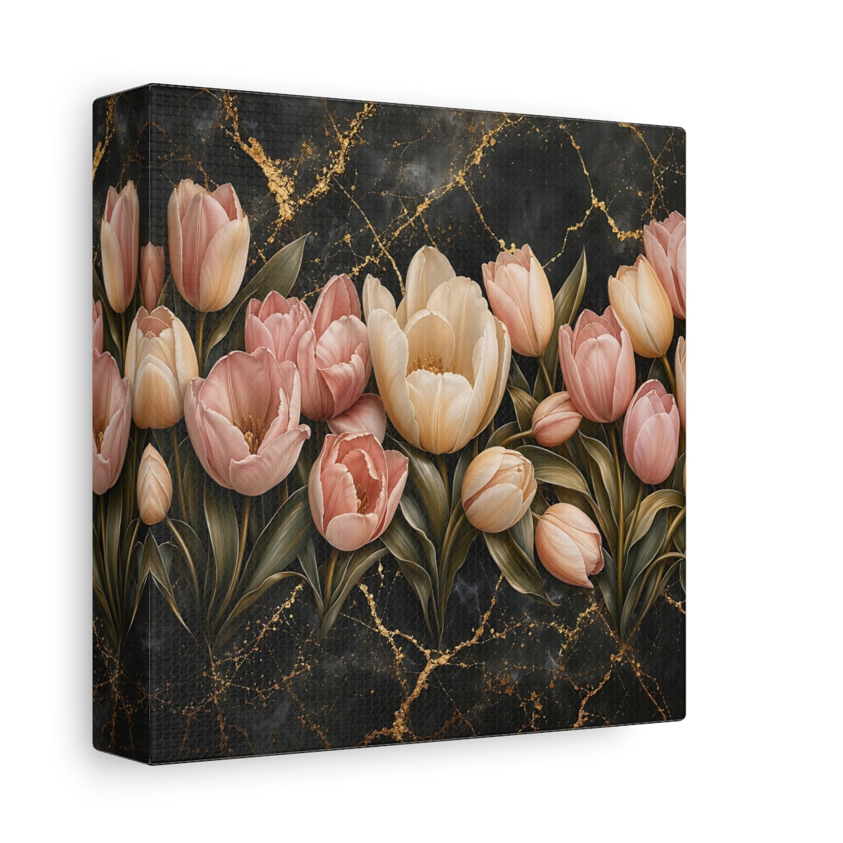 Side Mockup 2. Floral Tulips Pink Tulips Gold shown as stretched canvas wall art