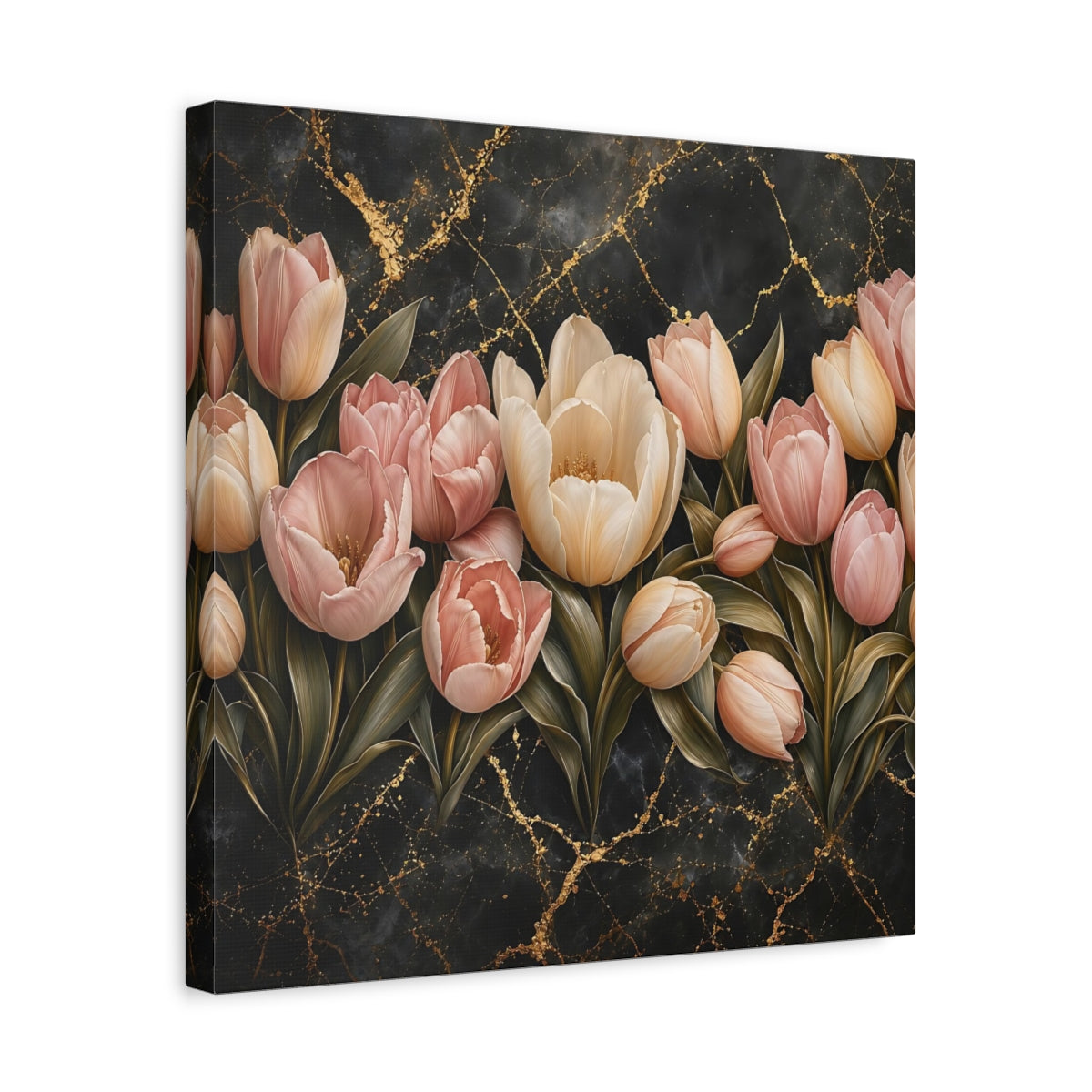 Side Mockup 6. Floral Tulips Pink Tulips Gold shown as stretched canvas wall art
