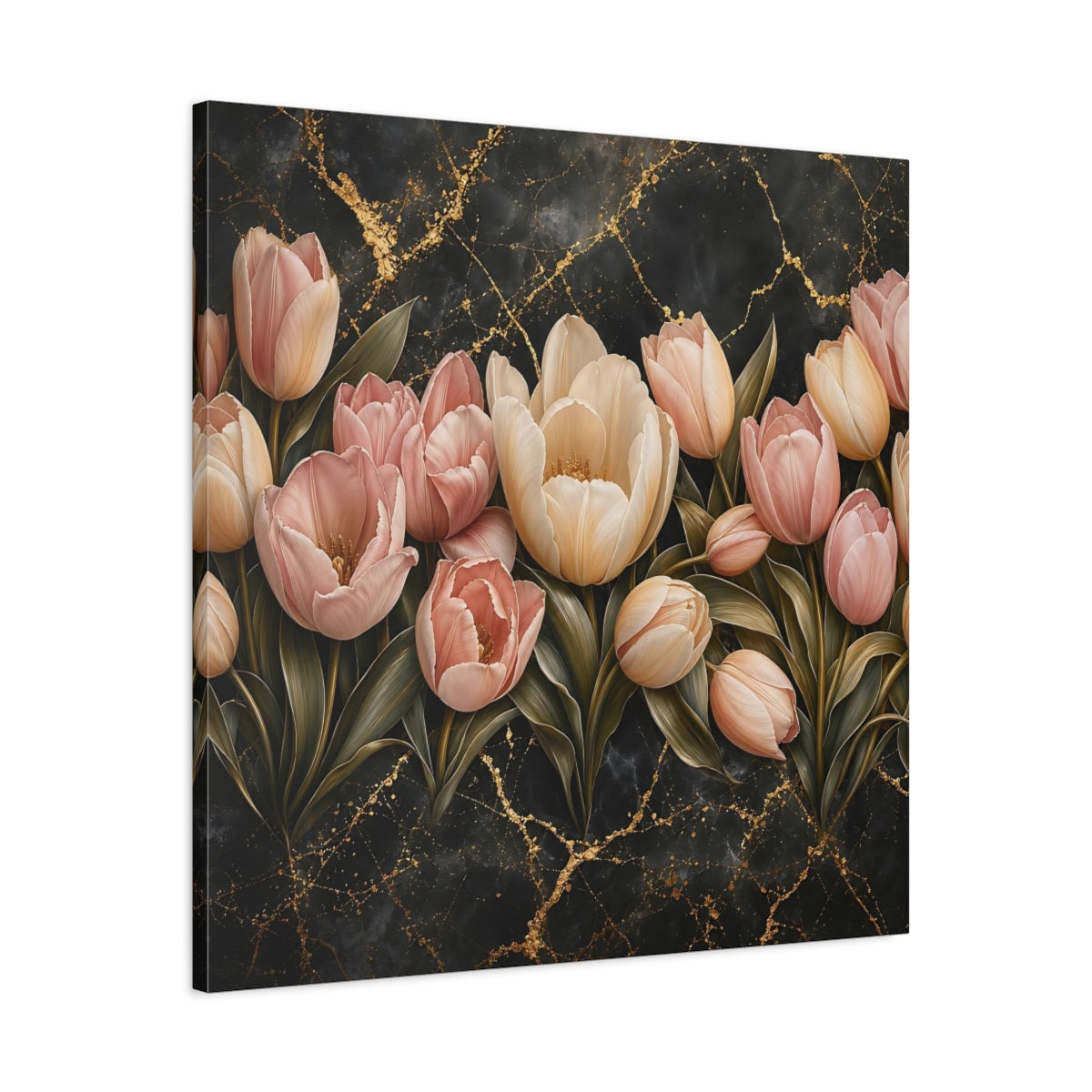 Side Mockup 3. Floral Tulips Pink Tulips Gold shown as stretched canvas wall art