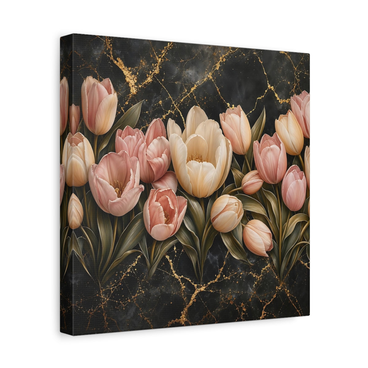 Side Mockup 8. Floral Tulips Pink Tulips Gold shown as stretched canvas wall art