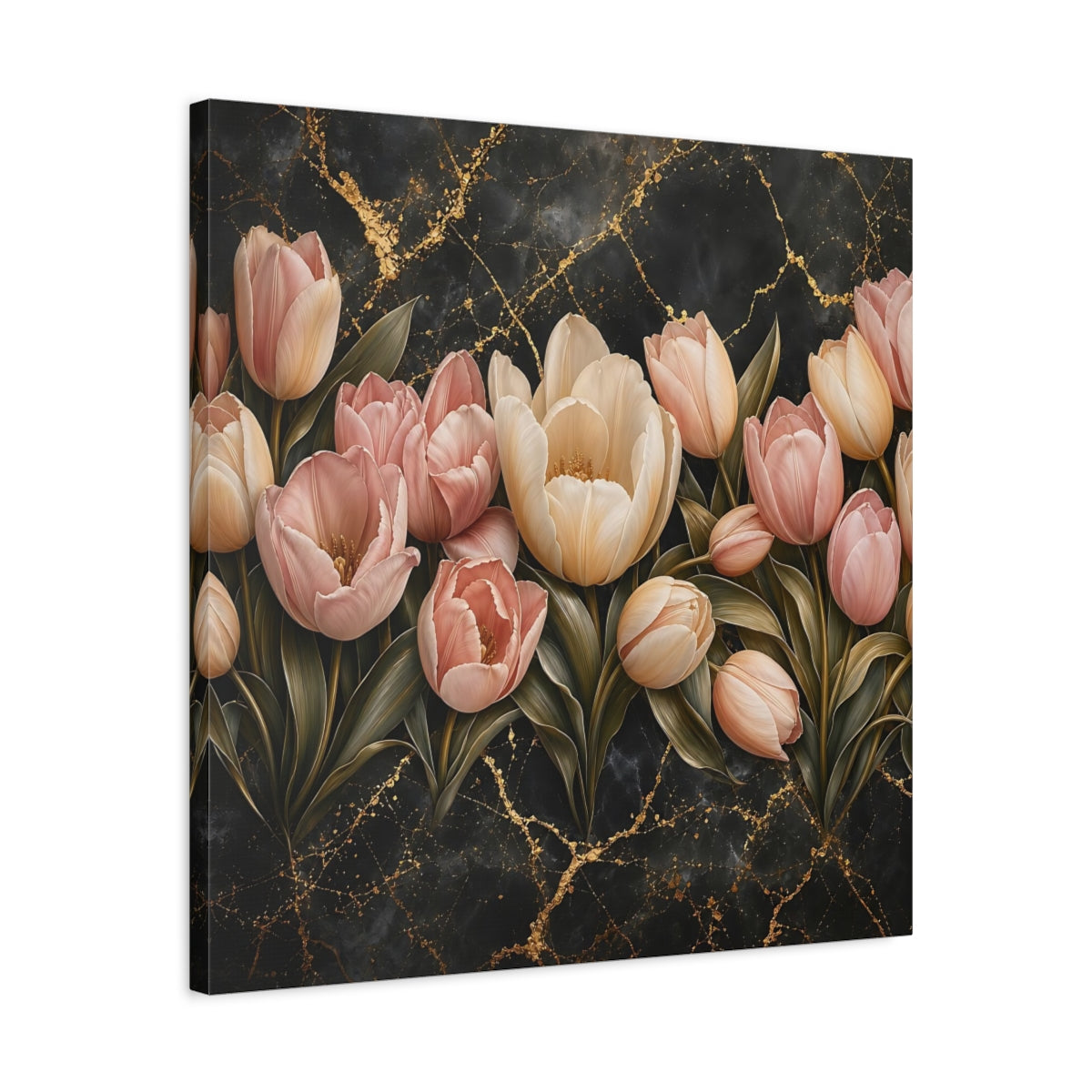 Side Mockup 4. Floral Tulips Pink Tulips Gold shown as stretched canvas wall art