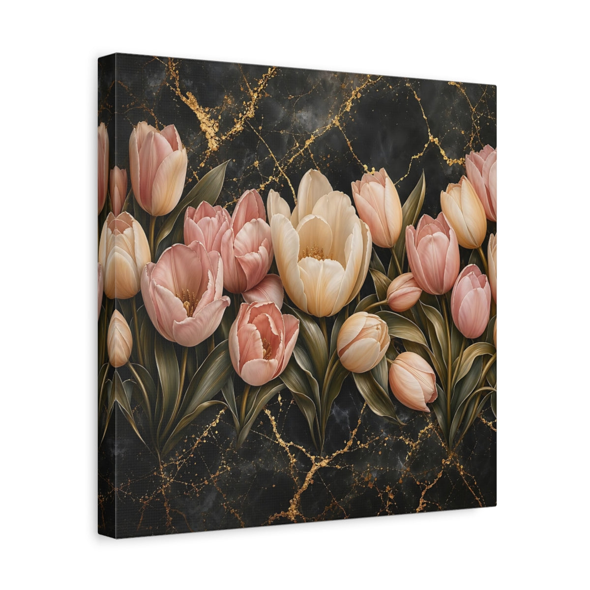 Side Mockup 7. Floral Tulips Pink Tulips Gold shown as stretched canvas wall art