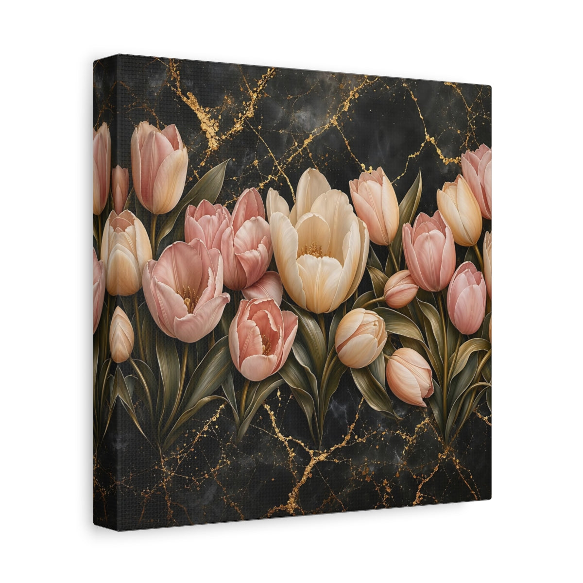 Side Mockup 9. Floral Tulips Pink Tulips Gold shown as stretched canvas wall art