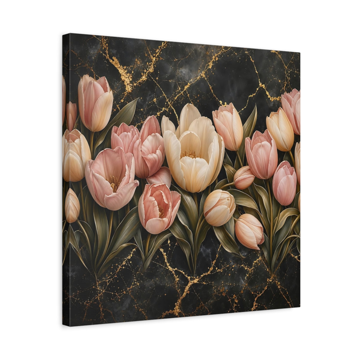 Side Mockup 5. Floral Tulips Pink Tulips Gold shown as stretched canvas wall art