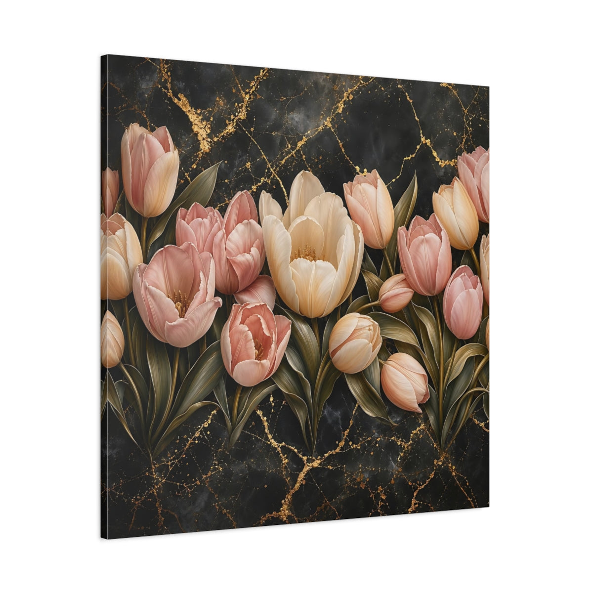 Side Mockup 1. Floral Tulips Pink Tulips Gold shown as stretched canvas wall art