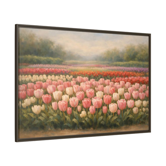 Main Mockup. Floral Tulips Pink Tulip Field shown as stretched canvas wall art