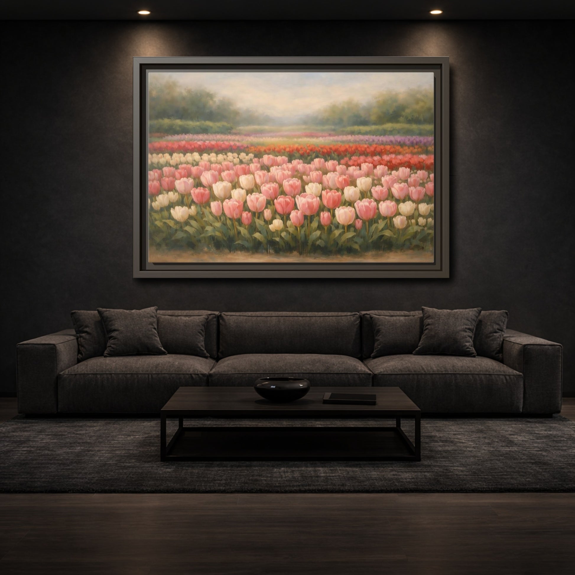 Mockup 2. Floral Tulips Pink Tulip Field shown as stretched canvas wall art
