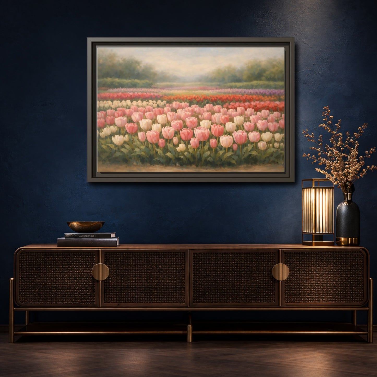 Mockup 4. Floral Tulips Pink Tulip Field shown as stretched canvas wall art