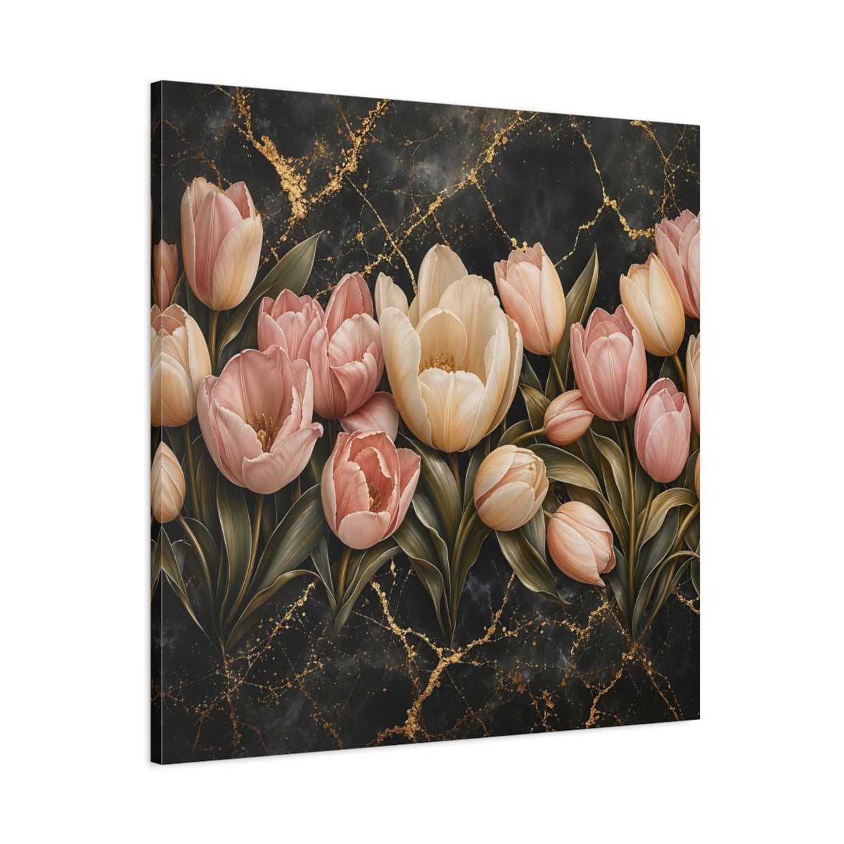 Main Mockup. Floral Tulips Pink Tulips Gold shown as stretched canvas wall art