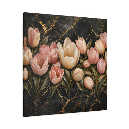 Main Mockup. Floral Tulips Pink Tulips Gold shown as stretched canvas wall art