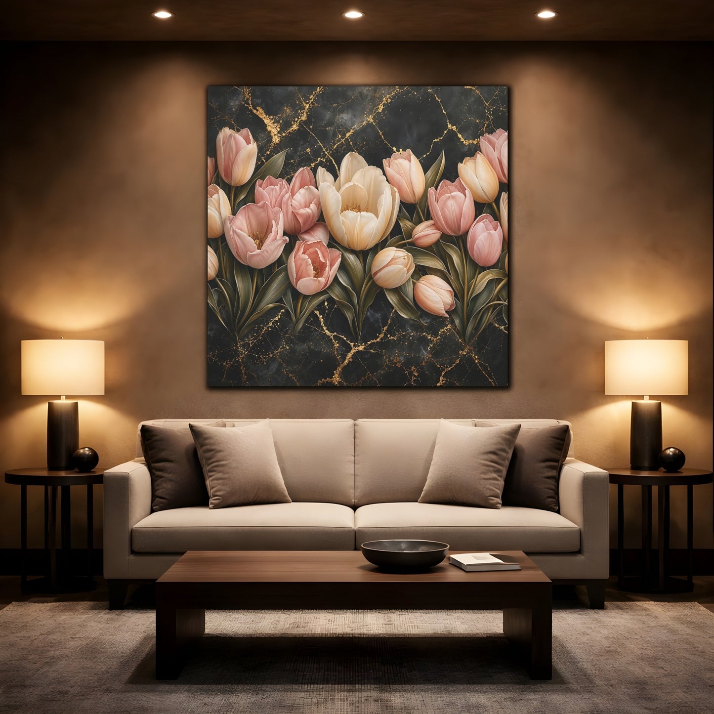 Mockup 2. Floral Tulips Pink Tulips Gold shown as stretched canvas wall art