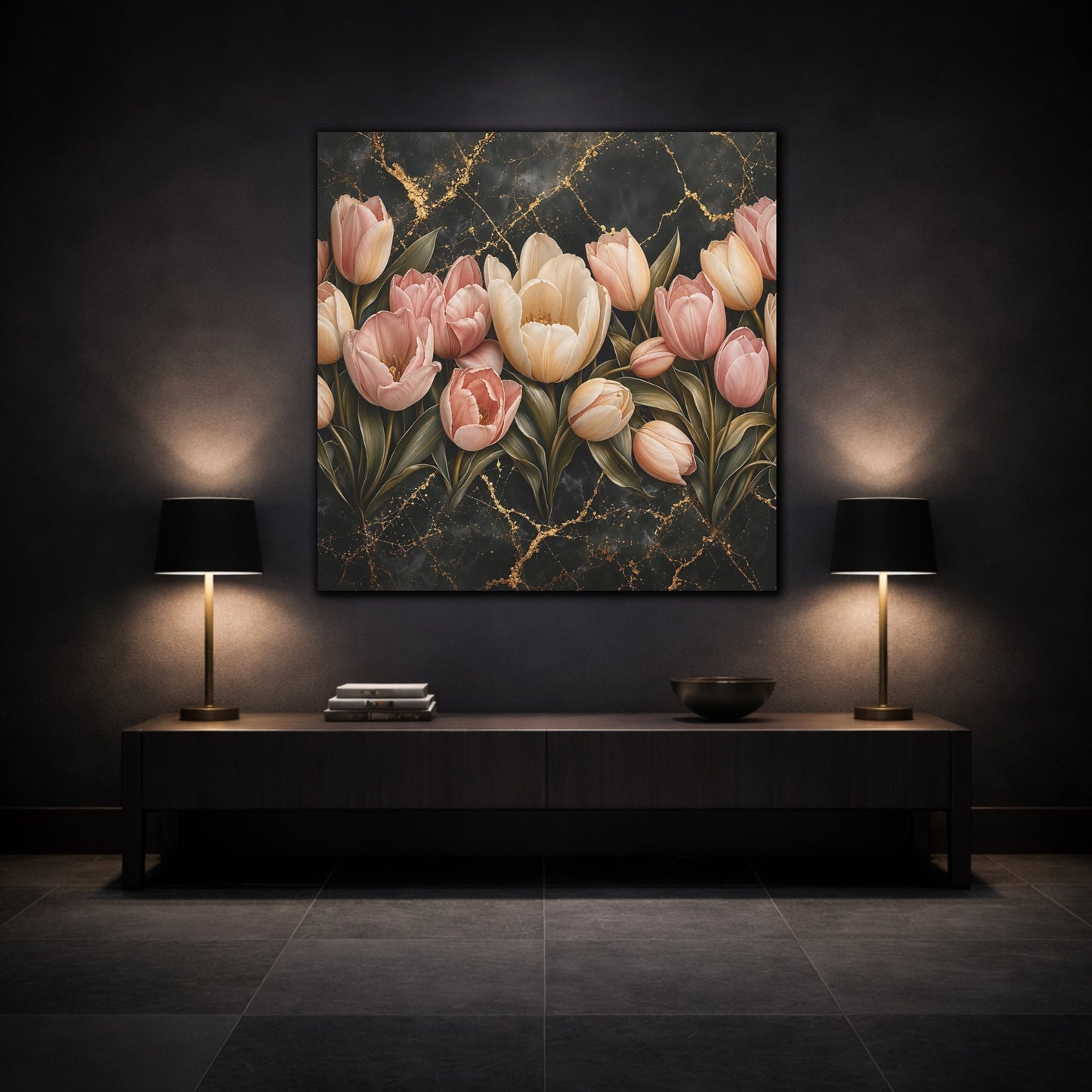 Mockup 3. Floral Tulips Pink Tulips Gold shown as stretched canvas wall art