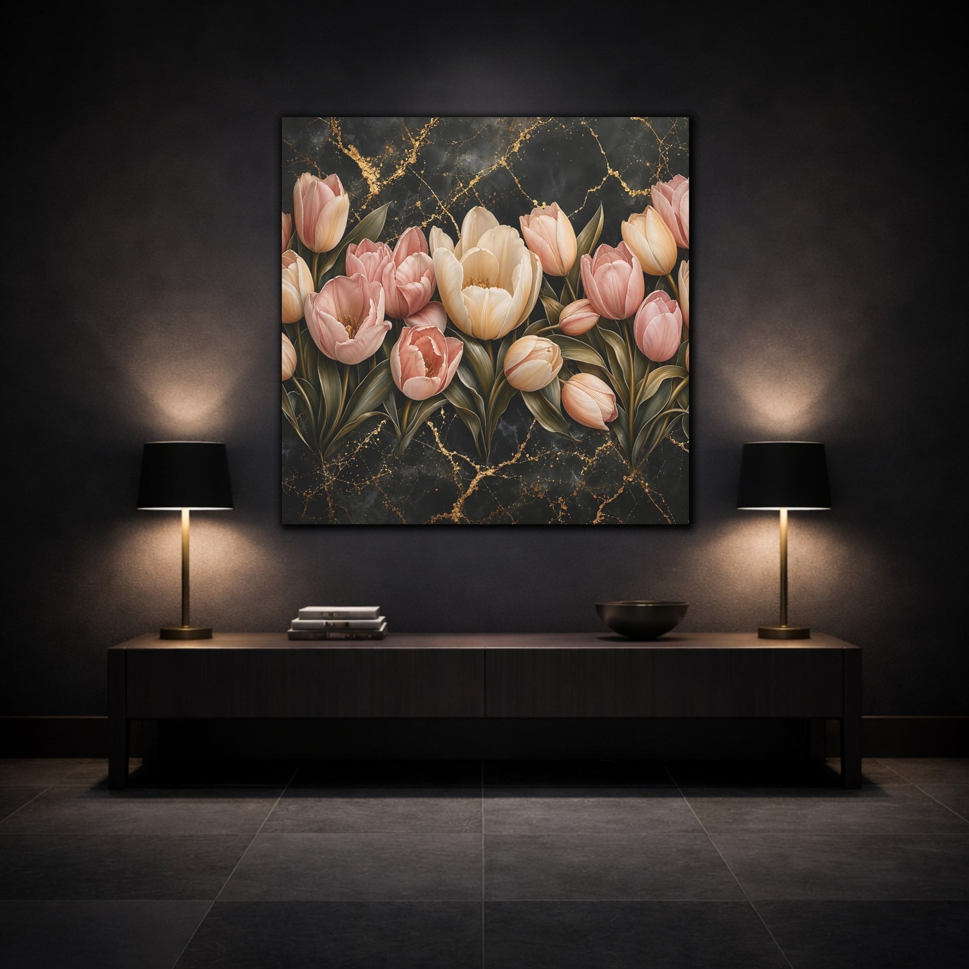 Mockup 3. Floral Tulips Pink Tulips Gold shown as stretched canvas wall art
