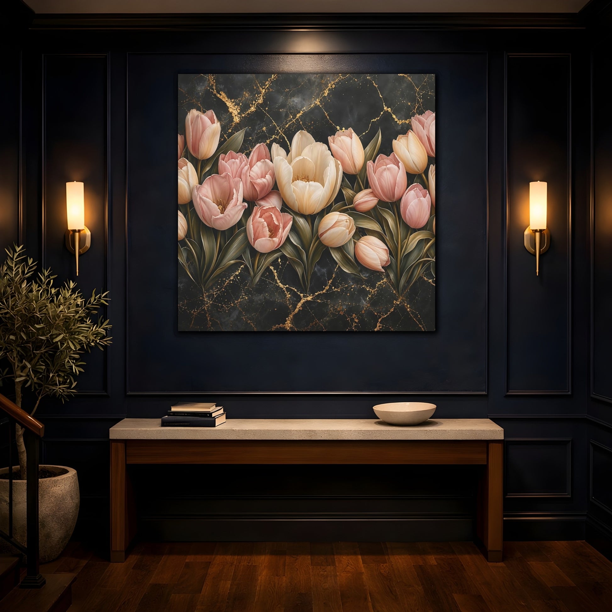 Mockup 4. Floral Tulips Pink Tulips Gold shown as stretched canvas wall art