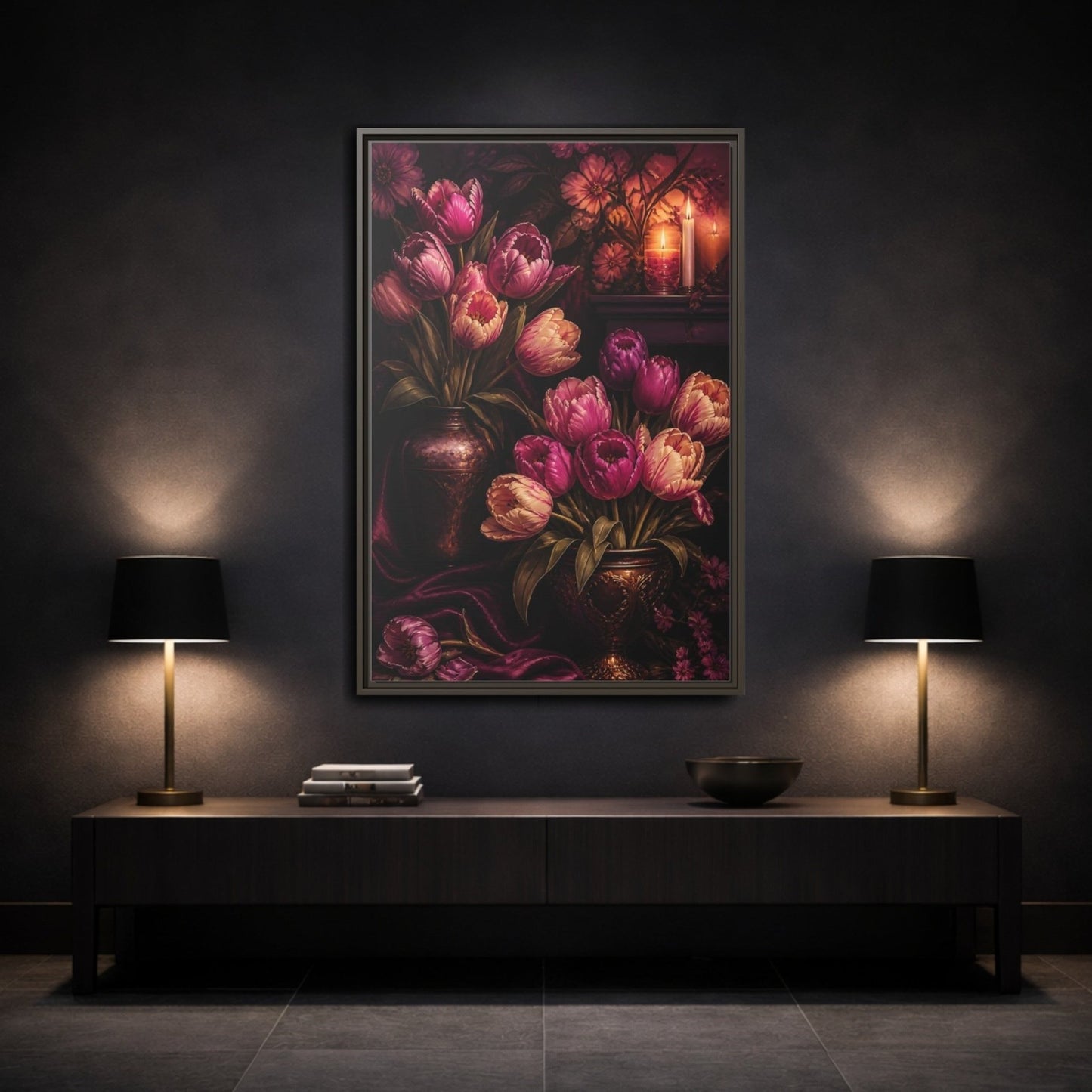 Floral Tulips Purple Framed Canvas Print – Classical Decor for Living Room, Above Fireplace - YesArtYes