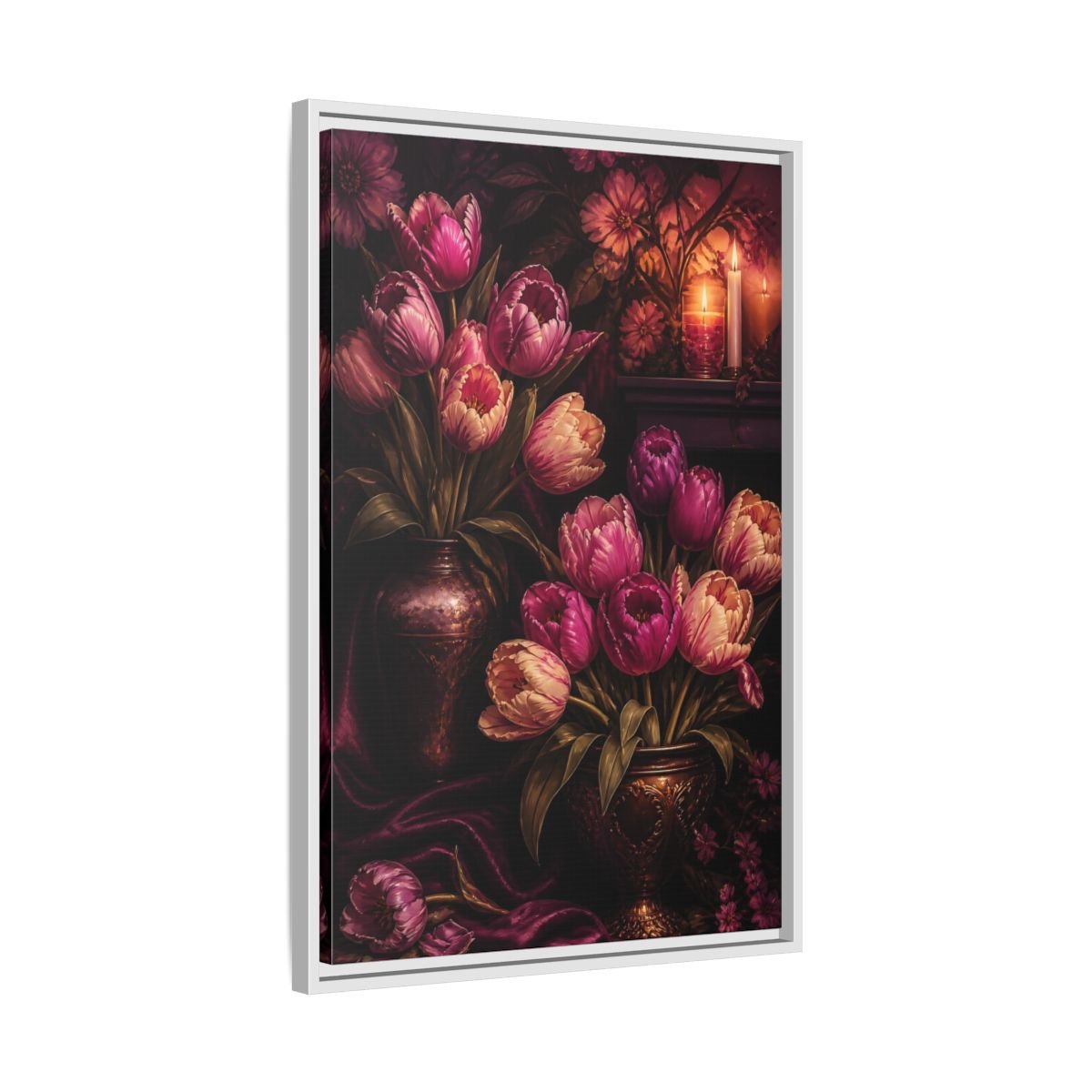 Floral Tulips Purple Framed Canvas Print – Classical Decor for Living Room, Above Fireplace - YesArtYes