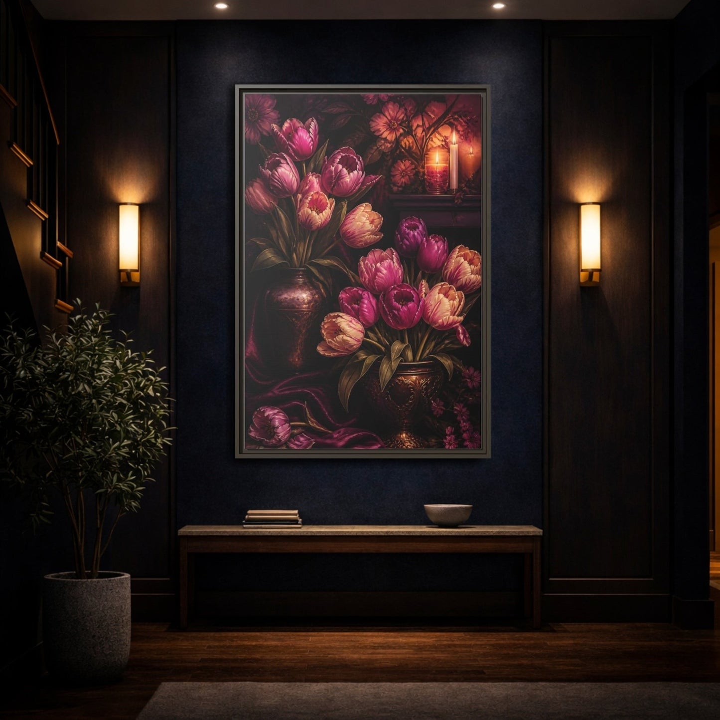 Floral Tulips Purple Framed Canvas Print – Classical Decor for Living Room, Above Fireplace - YesArtYes