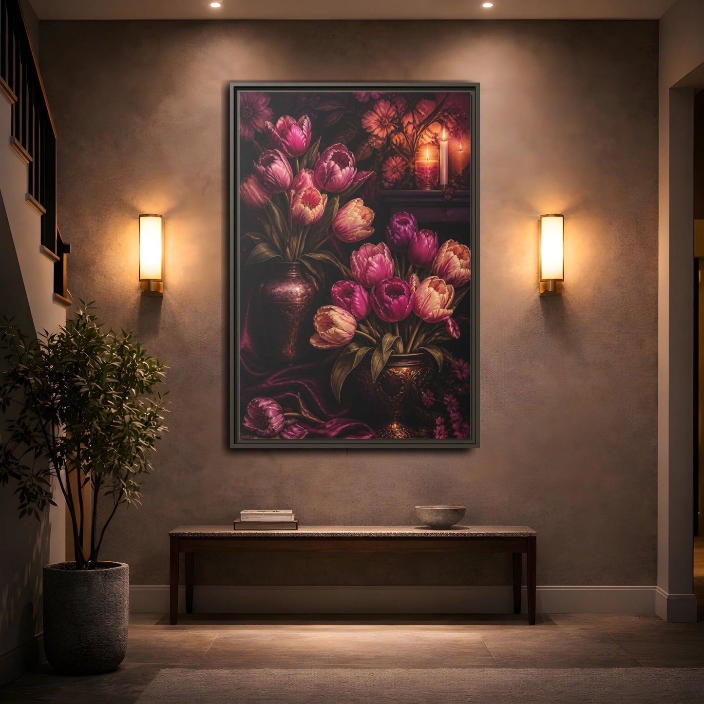 Floral Tulips Purple Framed Canvas Print – Classical Decor for Living Room, Above Fireplace - YesArtYes